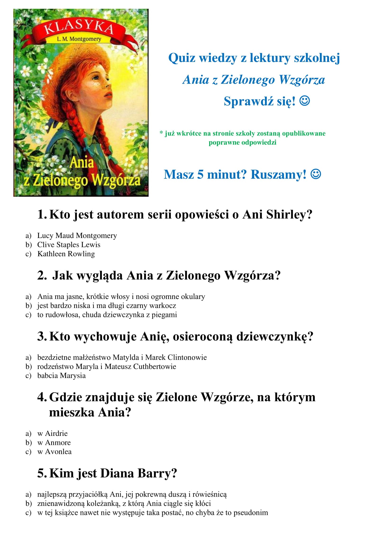 Quiz Z Ani Z Zielonego Wzgórza Ania Z Zielonego Wzgórza Test Z Lektury - Margaret Wiegel™. Jun 2023