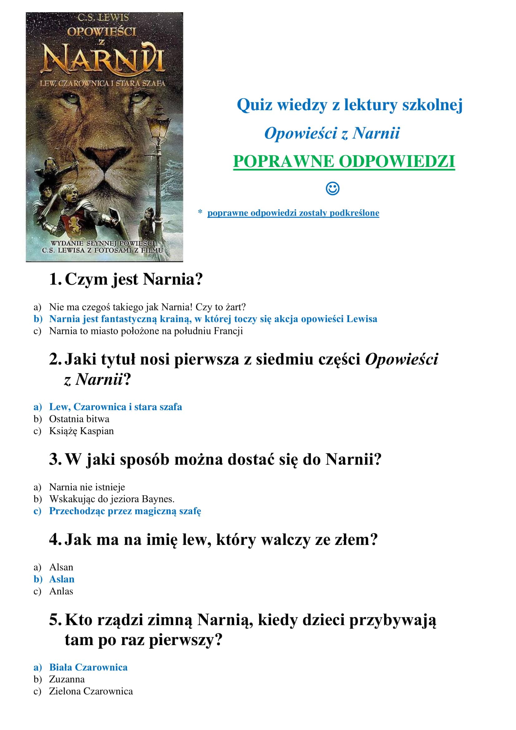 Opowieści Z Narni Test Online Odpowiedzi do testu z lektury „Opowieści z Narnii” – Szkoła Podstawowa